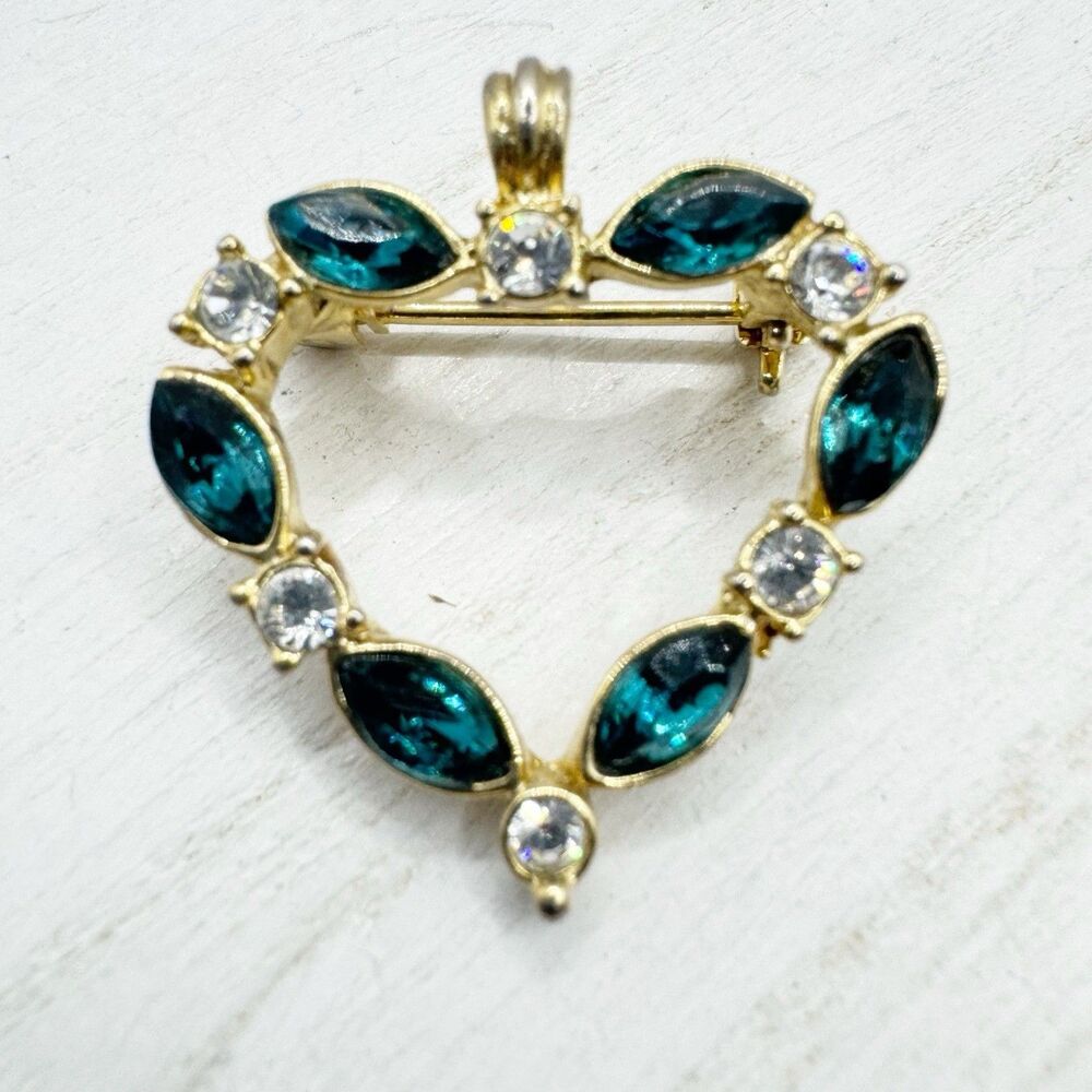 Blue Marquis Crystal Heart Brooch Pendant Gold Tone Romantic Love Dainty Classic